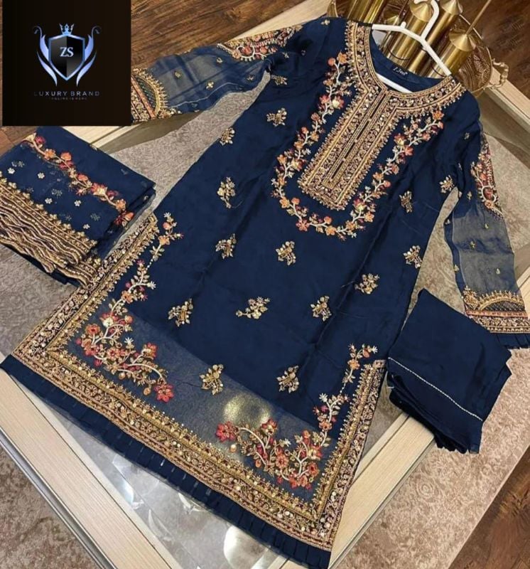 ✨Handwork, Nug Stone & Pearls Heavy Work Shirt With Emb Dupatta – 3 Piece ✨