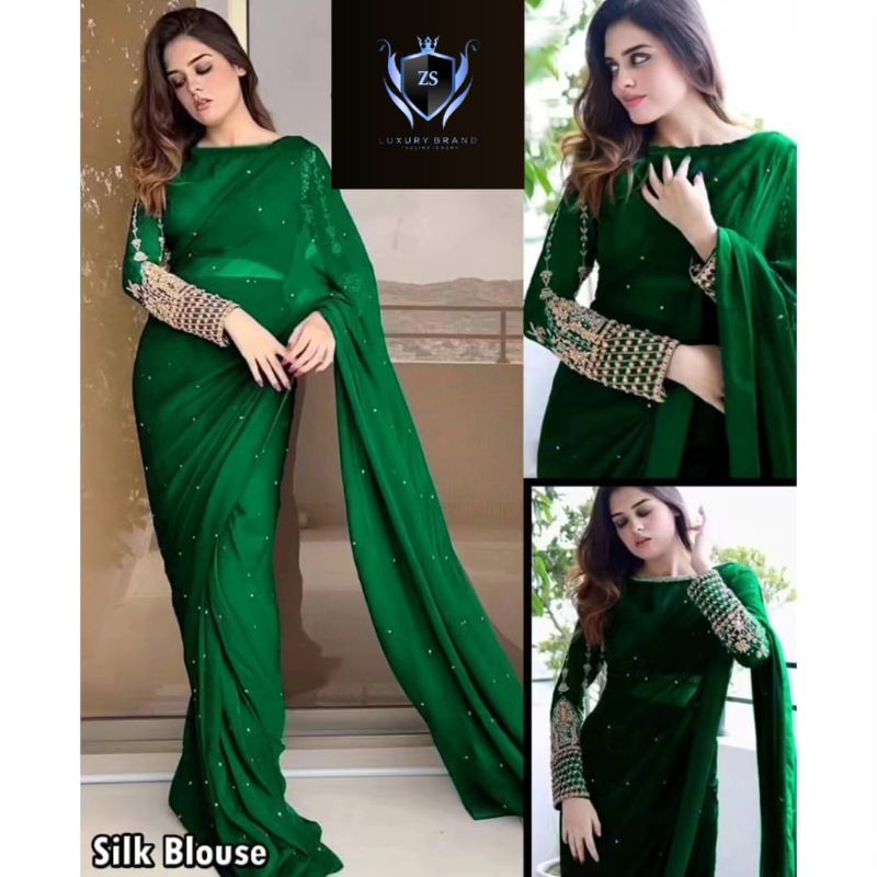💜 Saree Collection 💜
✨ Silk Sleeves Sequence Embroidery Blouse
✔️ With Pettycoat & Pearls Attached Saree