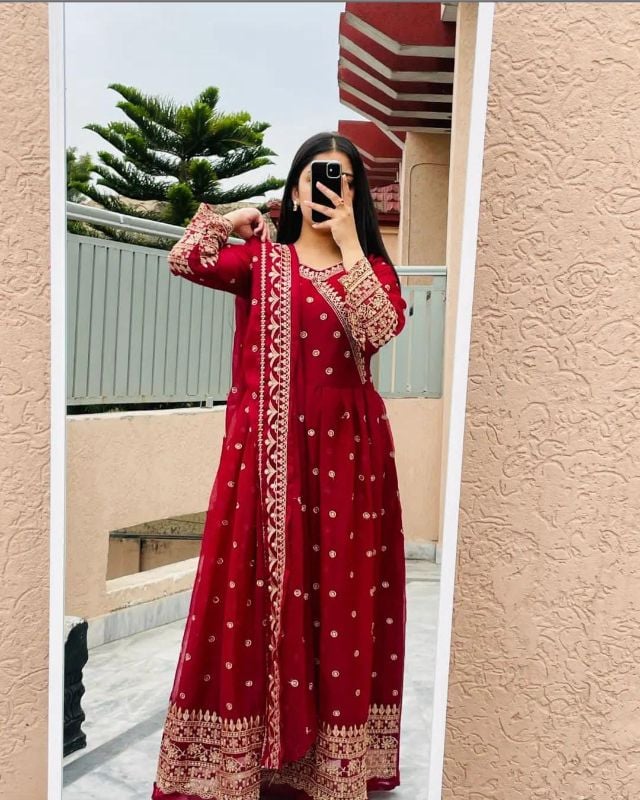 Angrakha Style Embroidered Maxi with Dupatta – 3PCs