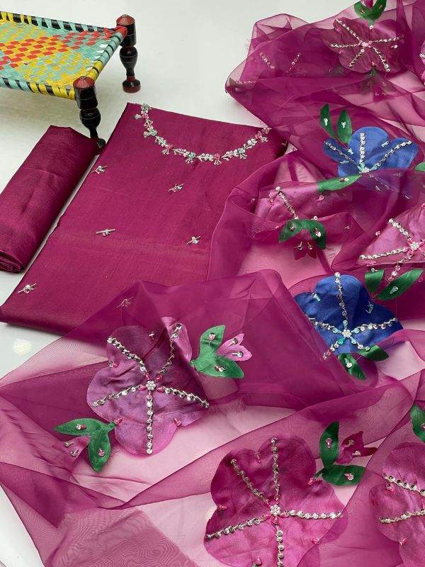 Indian Organza Fabric HandWork Brush Painted & Zarri Work Dupatta (13 Bunches Dupatta)🅰️
