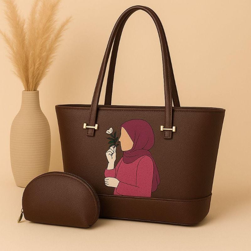 👜High-Quality Synthetic Leather Tote Bag  
With Hijab Girl Design & Mini Zipper Pouch 🎀