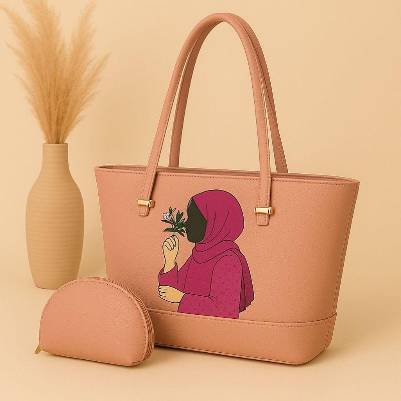 👜High-Quality Synthetic Leather Tote Bag  
With Hijab Girl Design & Mini Zipper Pouch 🎀