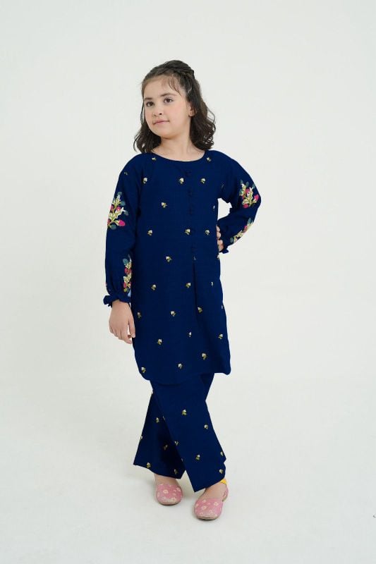 🆕 Kids 2Pcs Stylish Set 👧✨  
Front Stitch Button Shirt with Embroidered Flapper