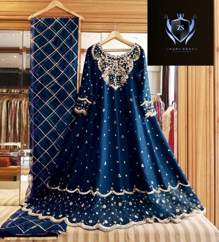 Heavy Neck,Border Embroidery With Handwork Long Maxi With Full Emb Dupatta 3Piece