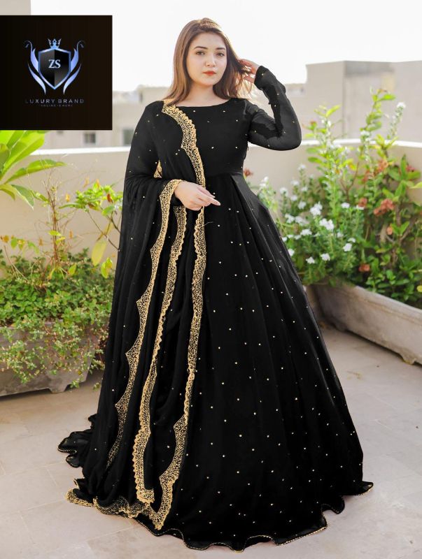 ✨Front & Back Pearls + Lace Work Long Flare Maxi 3PCs✨