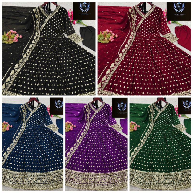 Angrakha Style Embroidered Maxi with Dupatta – 3PCs