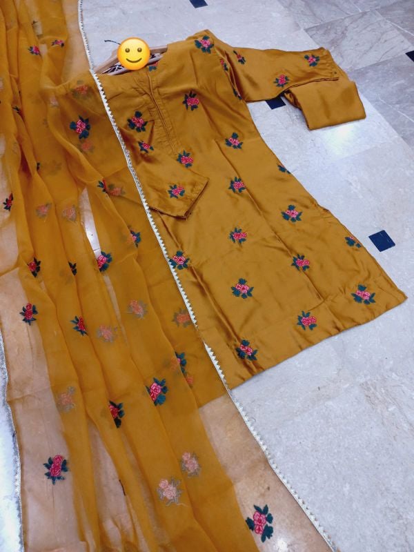 Rose Embroidery Shirt With Embroidery Dupatta 3 Pcs