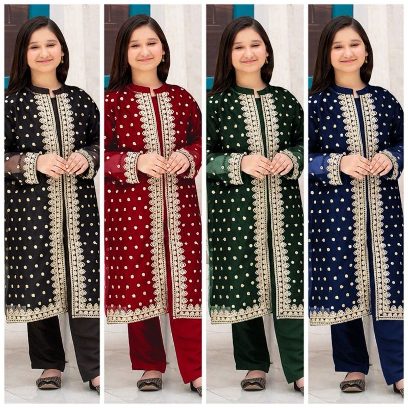 Front Sleeves, Allover Embroidery Gown With Inner Trouser Kids 3Pcs