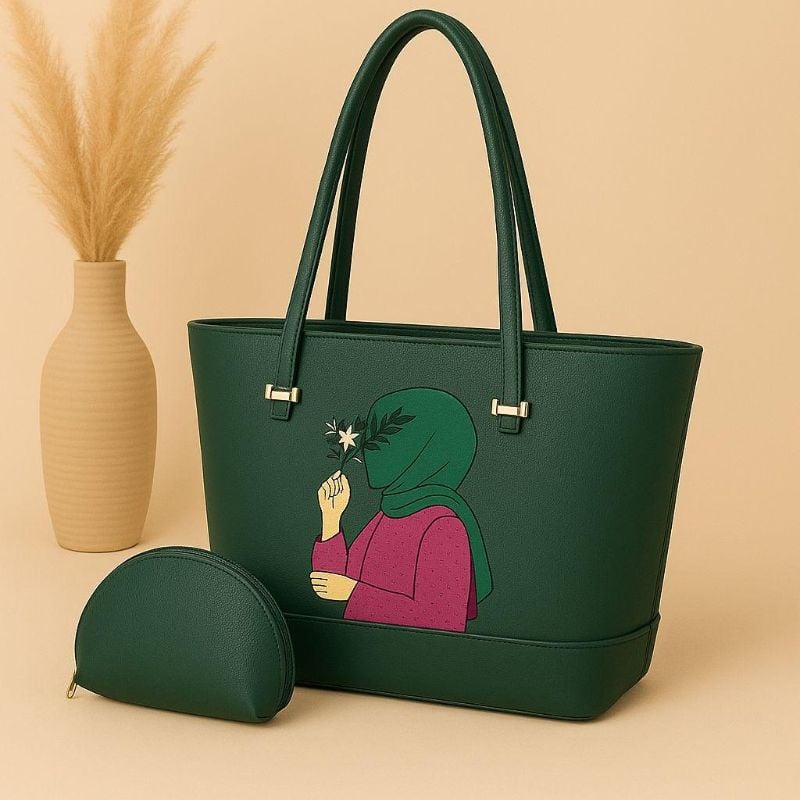 👜High-Quality Synthetic Leather Tote Bag  
With Hijab Girl Design & Mini Zipper Pouch 🎀