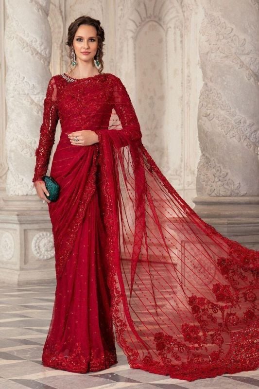 Net Saree Embroidered Hand Embellished Luxury Unstitched 3Pc®✓✨