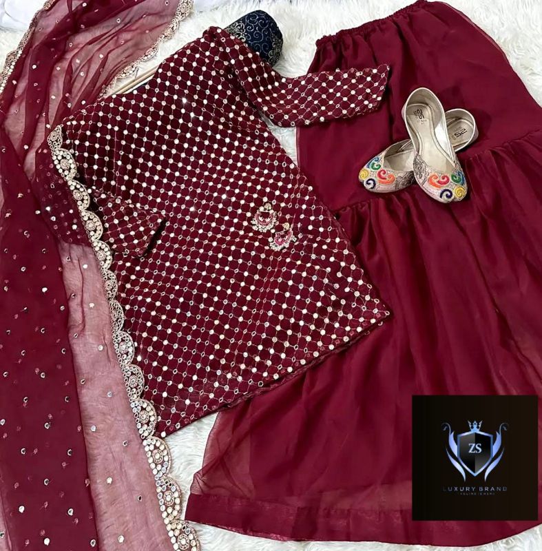 Front and Sleeves 9MM Sequence Embroidered, with Cut Work 9MM Dupatta with Garara 3Piece