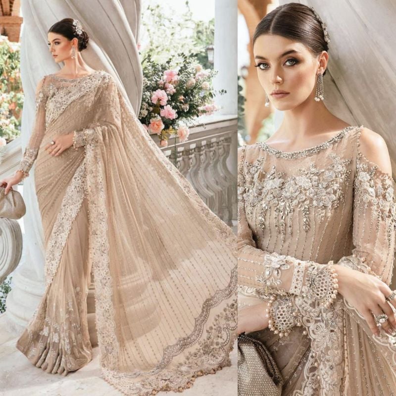 Net Saree Embroidered Sequence Hand Embellished Luxury Unstitched (Skin)