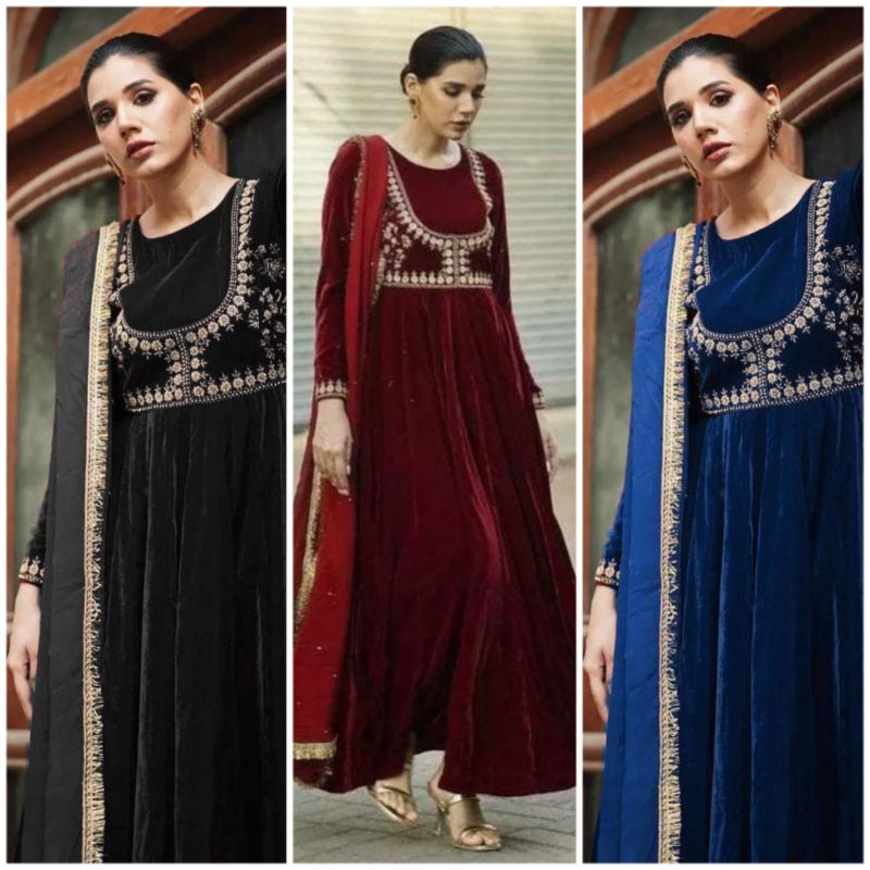 Velvet Winter Arrival 
Neck & Sleeves Embroidered Maxi With Four Sided Lace Dupatta 3PCs