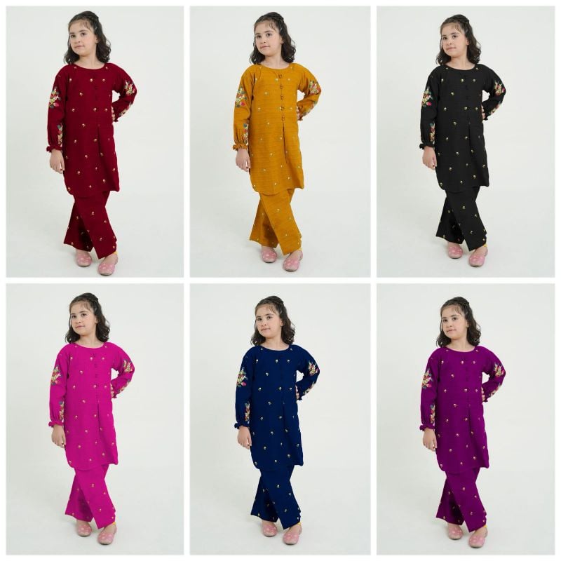 🆕 Kids 2Pcs Stylish Set 👧✨  
Front Stitch Button Shirt with Embroidered Flapper