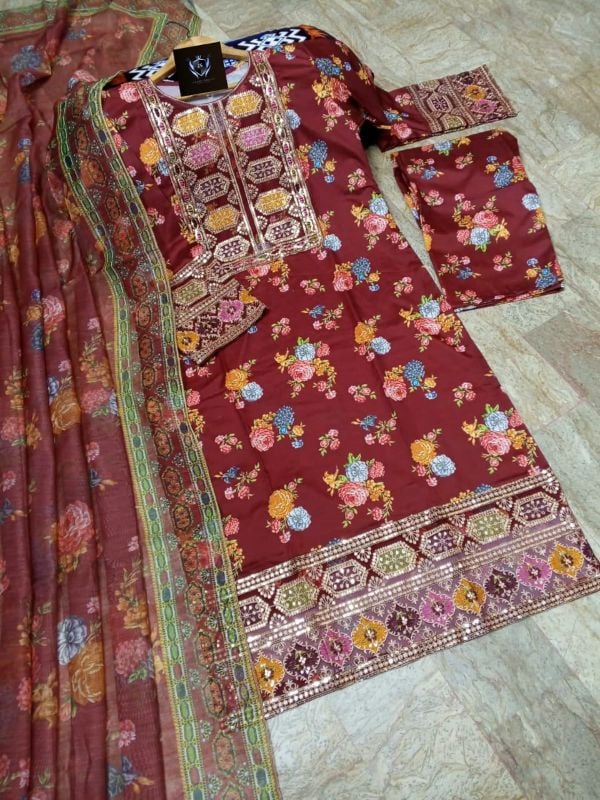 💫 Sequence Patched Embroidered Neck, Sleeves, and Daman  
🎨 Printed Trouser and Dupatta – 3PCs Set