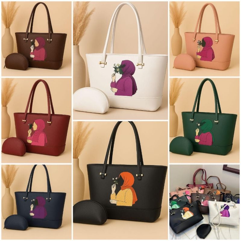 👜High-Quality Synthetic Leather Tote Bag  
With Hijab Girl Design & Mini Zipper Pouch 🎀