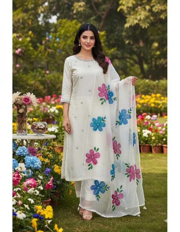 Indian Organza Fabric HandWork Brush Painted & Zarri Work Dupatta (13 Bunches Dupatta)🅰️