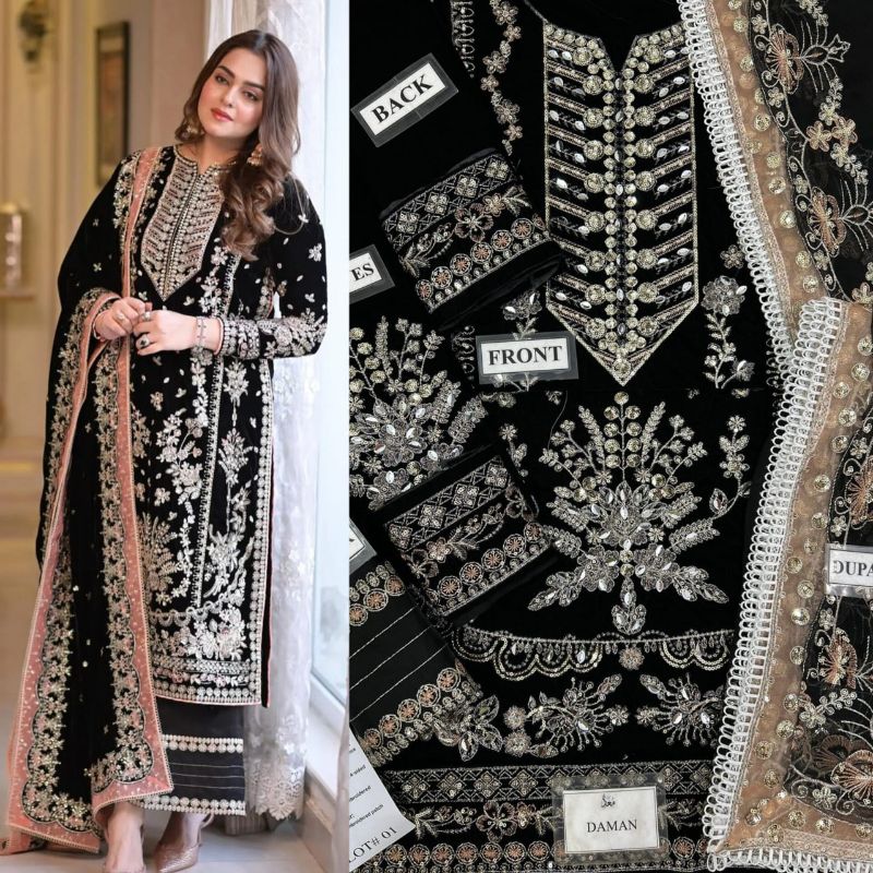 Velvet Embroidered Hand Embellished Luxury Unstitched 3Pc✓
