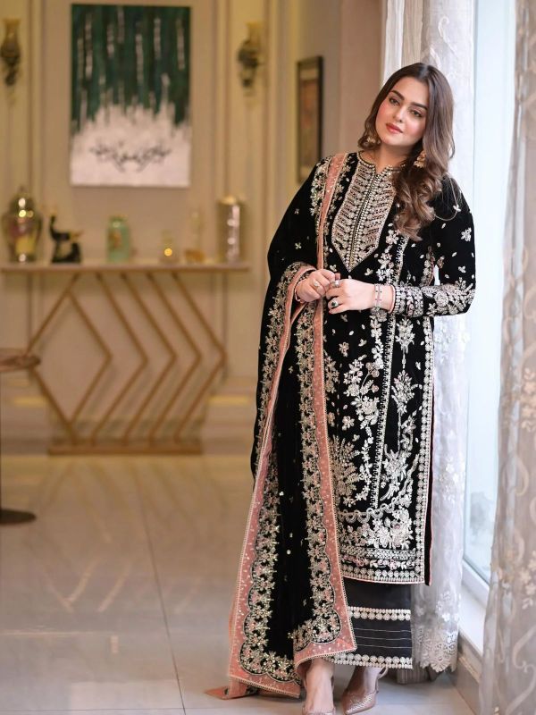Velvet Embroidered Hand Embellished Luxury Unstitched 3Pc✓