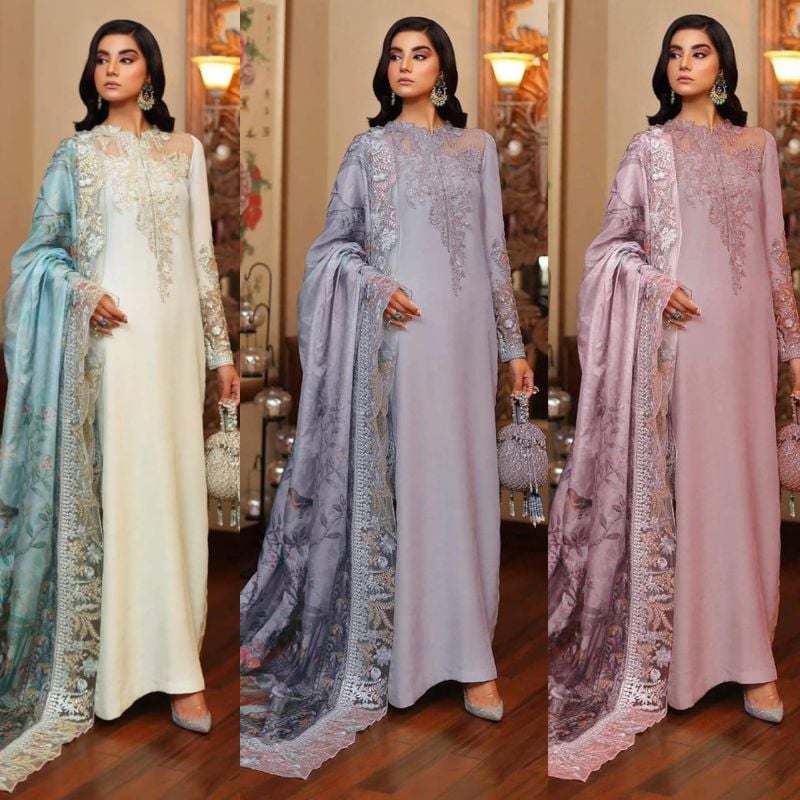 Shamooz Silk Embroidered & Adda Work Luxury Unstiched 3Pc✓