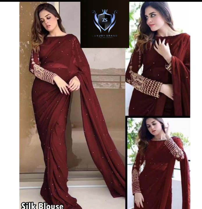 💜 Saree Collection 💜
✨ Silk Sleeves Sequence Embroidery Blouse
✔️ With Pettycoat & Pearls Attached Saree