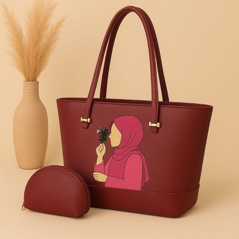 👜High-Quality Synthetic Leather Tote Bag  
With Hijab Girl Design & Mini Zipper Pouch 🎀