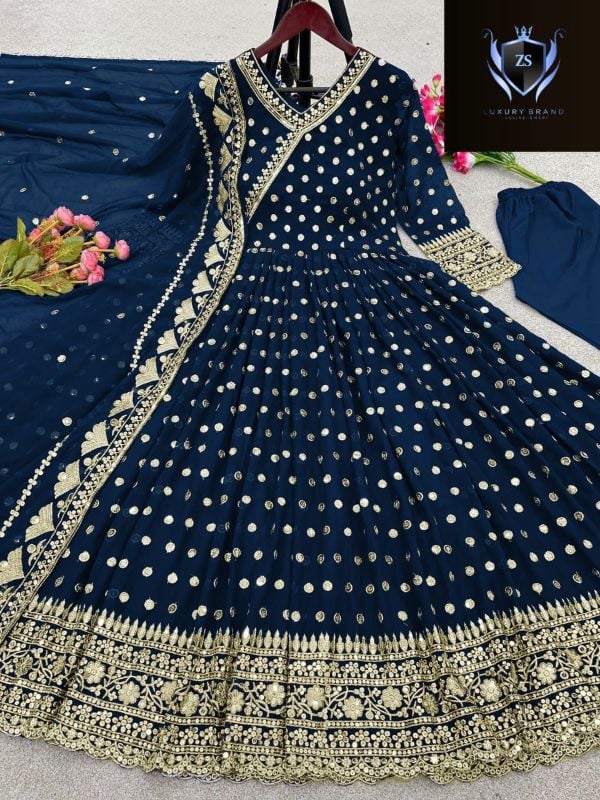 Angrakha Style Embroidered Maxi with Dupatta – 3PCs