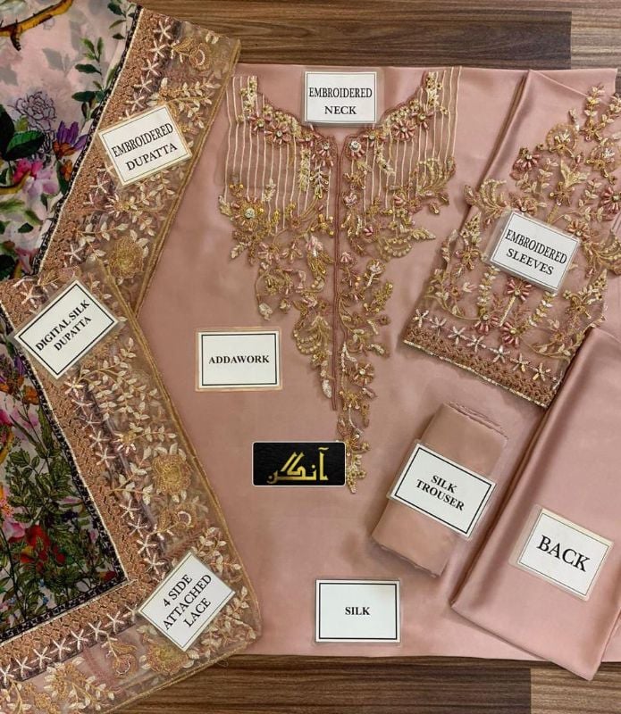 Shamooz Silk Embroidered & Adda Work Luxury Unstiched 3Pc✓