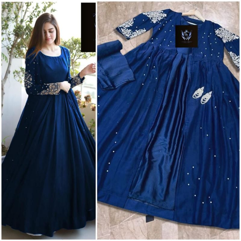 ✨ Heavy Embroidered 3Pc Set ✨  
💃 Pearls Attached Gown + Maxi + Trouser
Blue