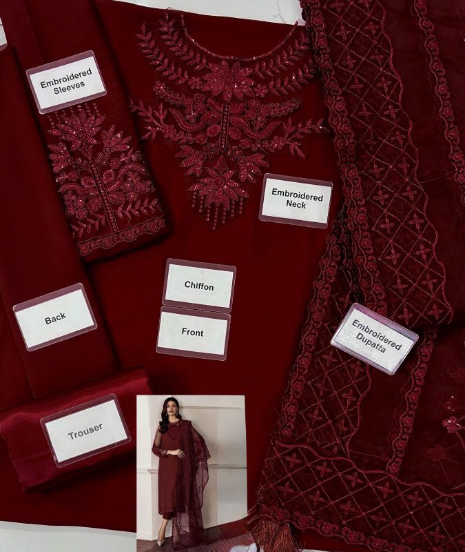 Chiffon Embroidered Sequence Unstitched 3Pc✓😊