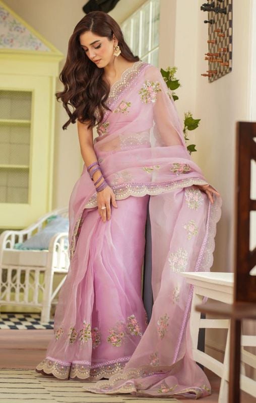 Organza Embroiderd Hand Embellished Luxury Unstitched Saree 3Pc✓
