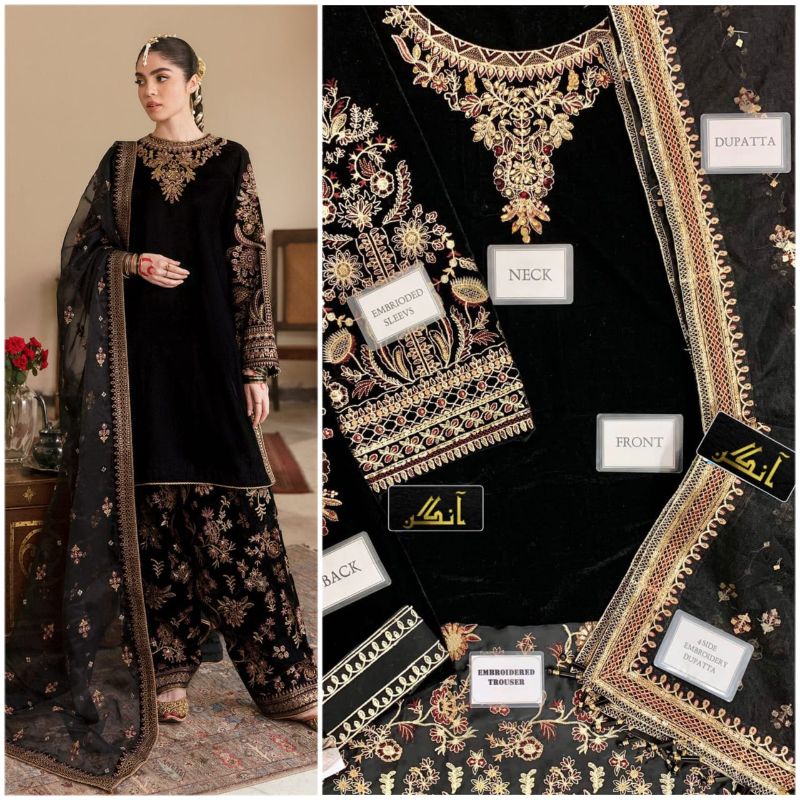 Velvet Embroidered Hand Emblished Luxury Unstitched 3Pc✓ Black