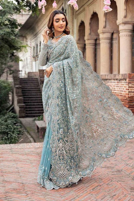 Net Saree Embroidered Hand Embellished Luxury Unstitched 3Pc✓