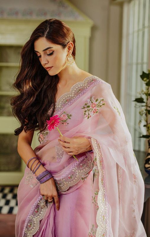Organza Embroiderd Hand Embellished Luxury Unstitched Saree 3Pc✓