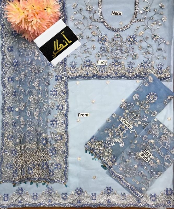 Net Saree Embroidered Hand Embellished Luxury Unstitched 3Pc®✓
Maria.B
