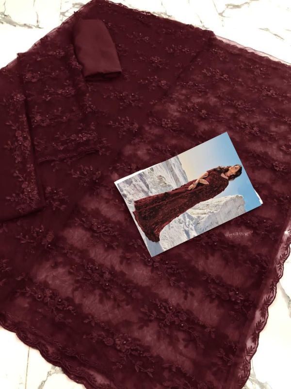 Indian Saree Net Embroidered Luxury Unstitched 3Pc✓