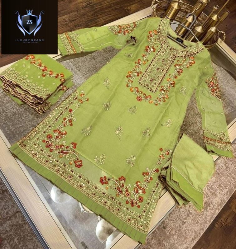✨Handwork, Nug Stone & Pearls Heavy Work Shirt With Emb Dupatta – 3 Piece ✨
