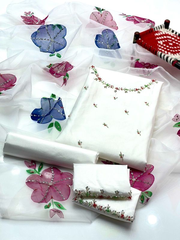 Indian Organza Fabric HandWork Brush Painted & Zarri Work Dupatta (13 Bunches Dupatta)🅰️