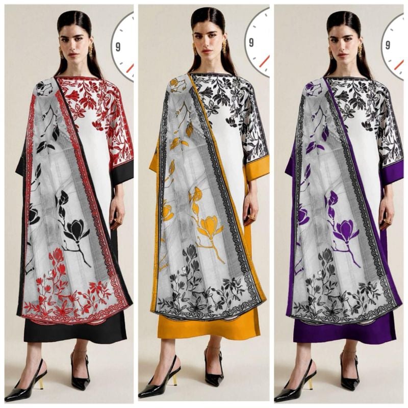 Front & Back Long Baggy Digital Printed Shirt With Printed Trouser Dupatta 3Piece