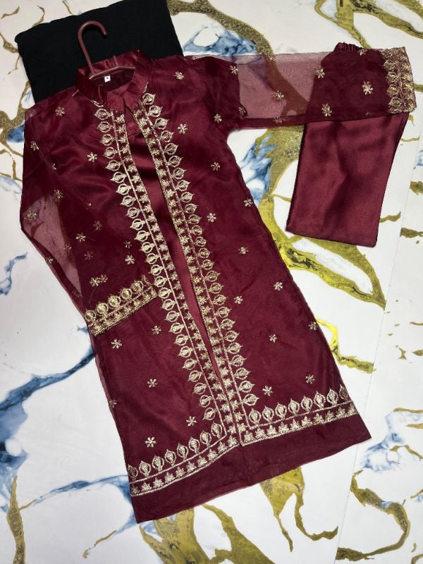 Front Sleeves, Allover Embroidery Gown With Inner Trouser Kids 3Pcs