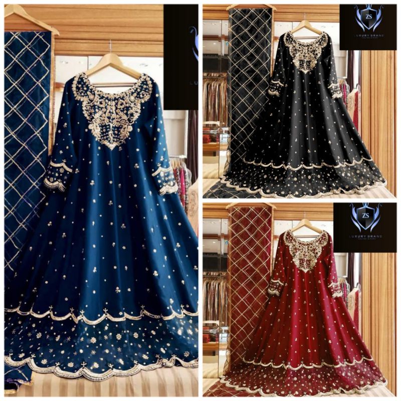Heavy Neck,Border Embroidery With Handwork Long Maxi With Full Emb Dupatta 3Piece