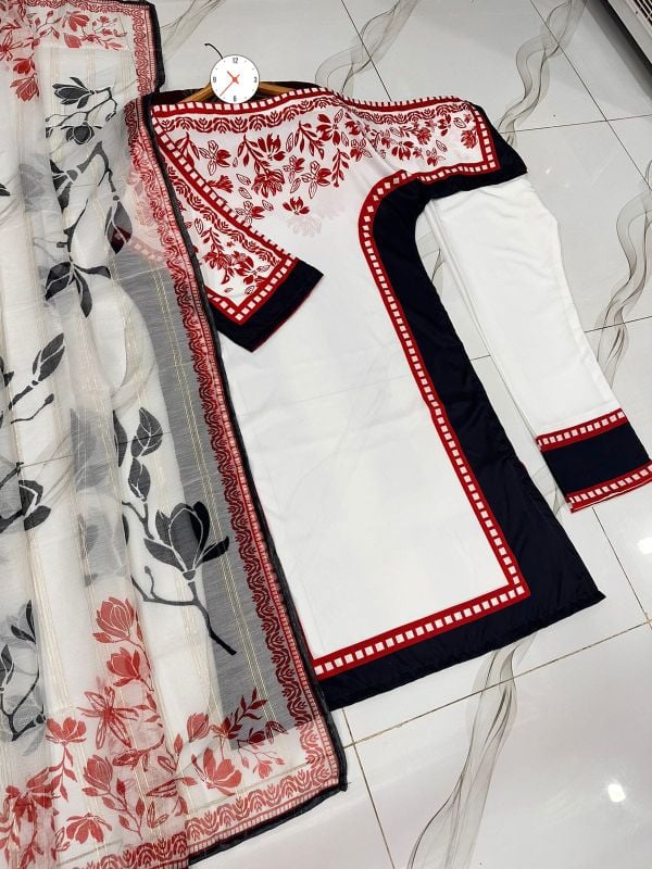 Front & Back Long Baggy Digital Printed Shirt With Printed Trouser Dupatta 3Piece