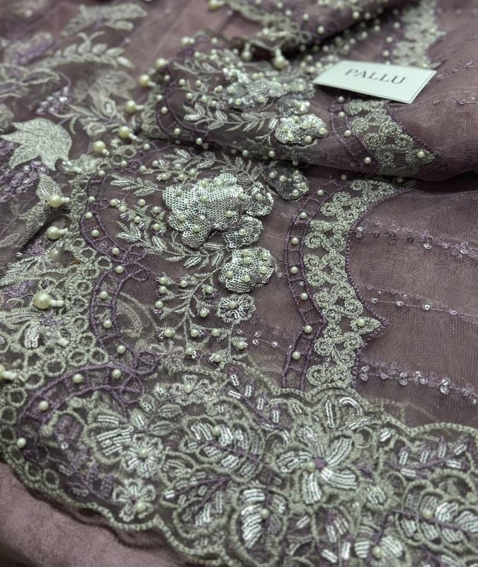Net Saree Embroidered Sequence Hand Embellished Luxury Unstitched💜
