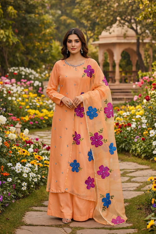 Indian Organza Fabric HandWork Brush Painted & Zarri Work Dupatta (13 Bunches Dupatta)🅰️