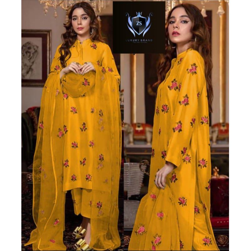 Rose Embroidery Shirt With Embroidery Dupatta 3 Pcs