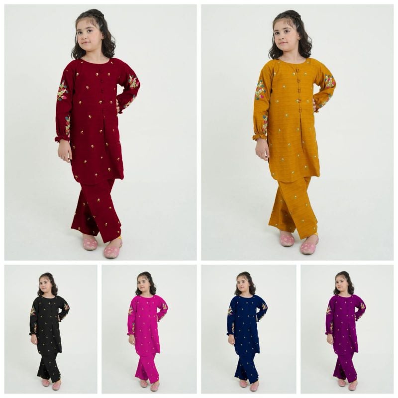 🆕 Kids 2Pcs Stylish Set 👧✨  
Front Stitch Button Shirt with Embroidered Flapper