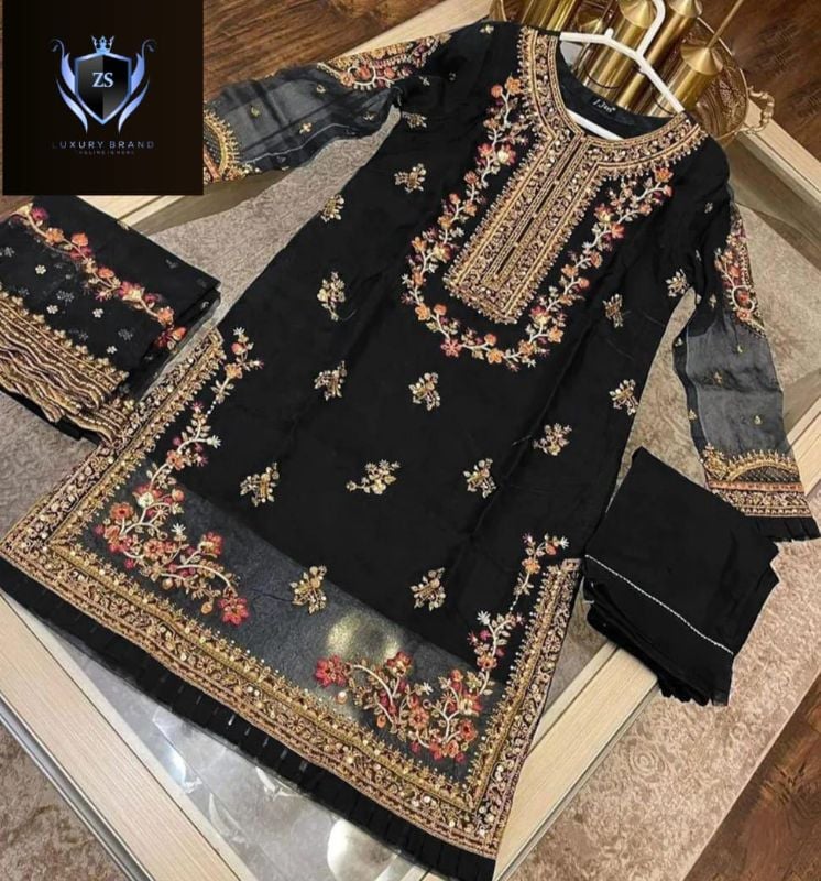 ✨Handwork, Nug Stone & Pearls Heavy Work Shirt With Emb Dupatta – 3 Piece ✨