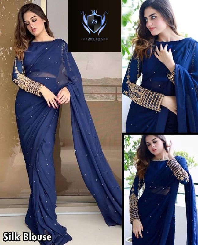 💜 Saree Collection 💜
✨ Silk Sleeves Sequence Embroidery Blouse
✔️ With Pettycoat & Pearls Attached Saree