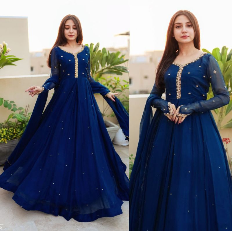 💃 Elegant Embroidered Maxi Set 💫  
3-Piece Chiffon Collection ✨💙 Blue