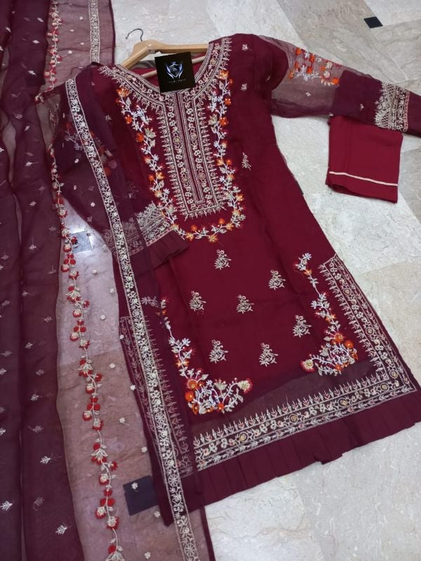 ✨Handwork, Nug Stone & Pearls Heavy Work Shirt With Emb Dupatta – 3 Piece ✨